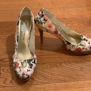 White and pink floral heels